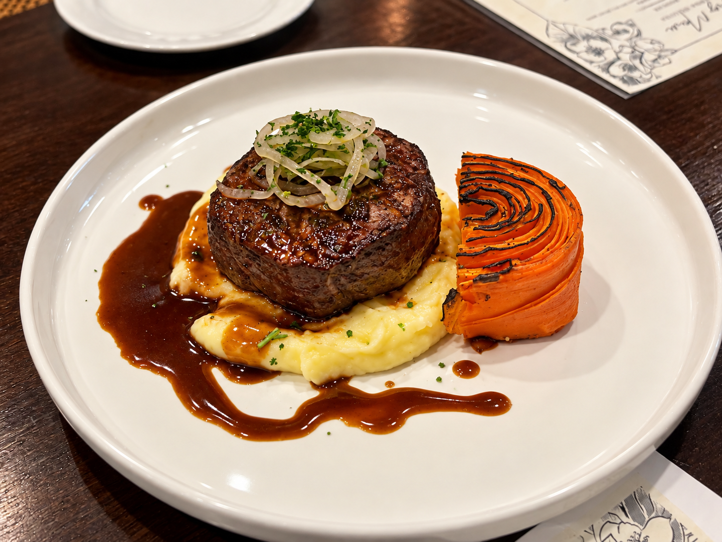 Luna Mesa Catering filet mignon over mashed potatoes with roasted carrot and red wine demi-glace
