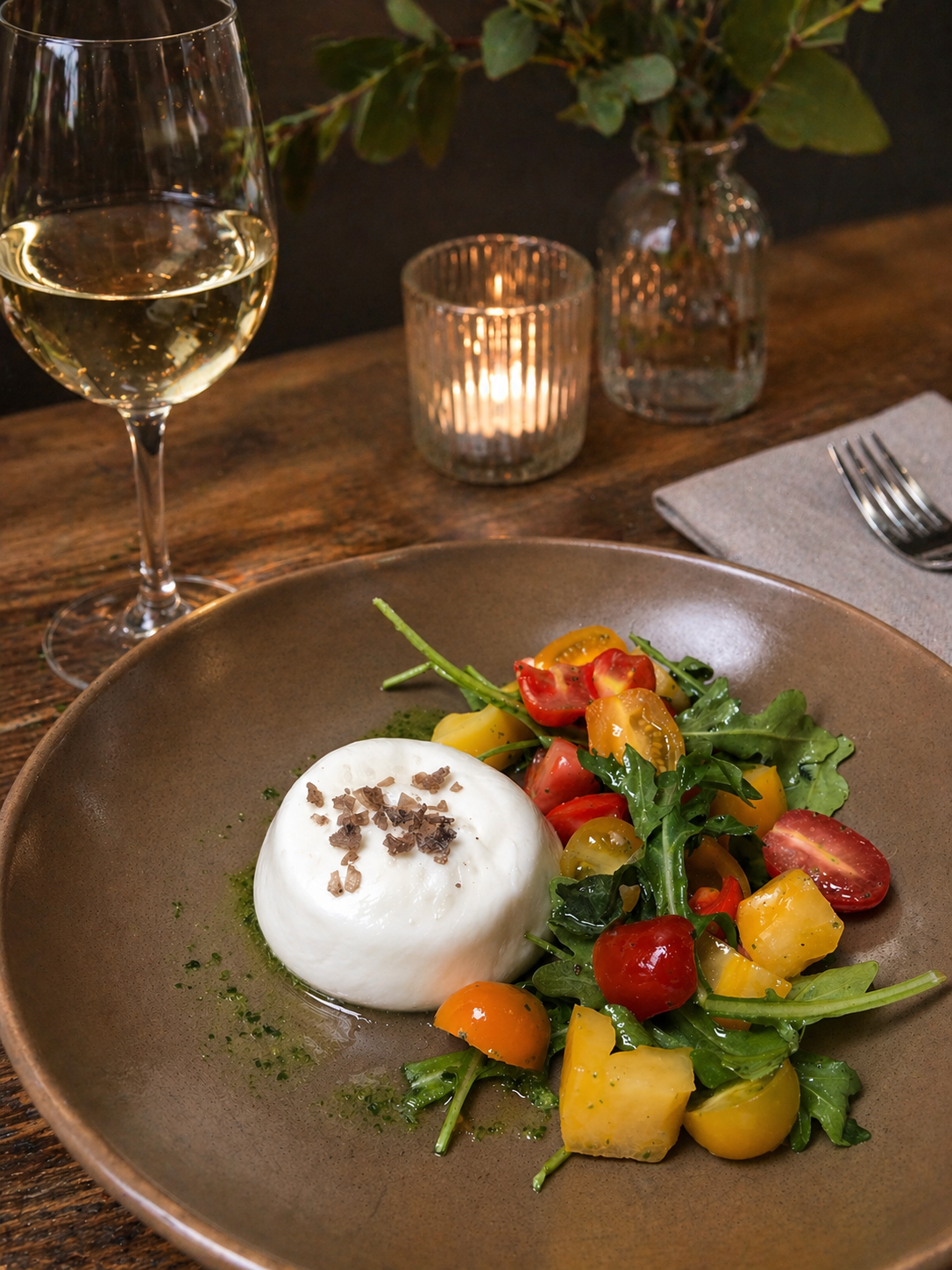 Luna Mesa Catering burrata with heirloom tomatoes and arugula