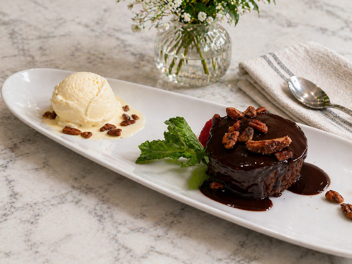Luna Mesa Catering chocolate cake with vanilla ice cream and candied pecans