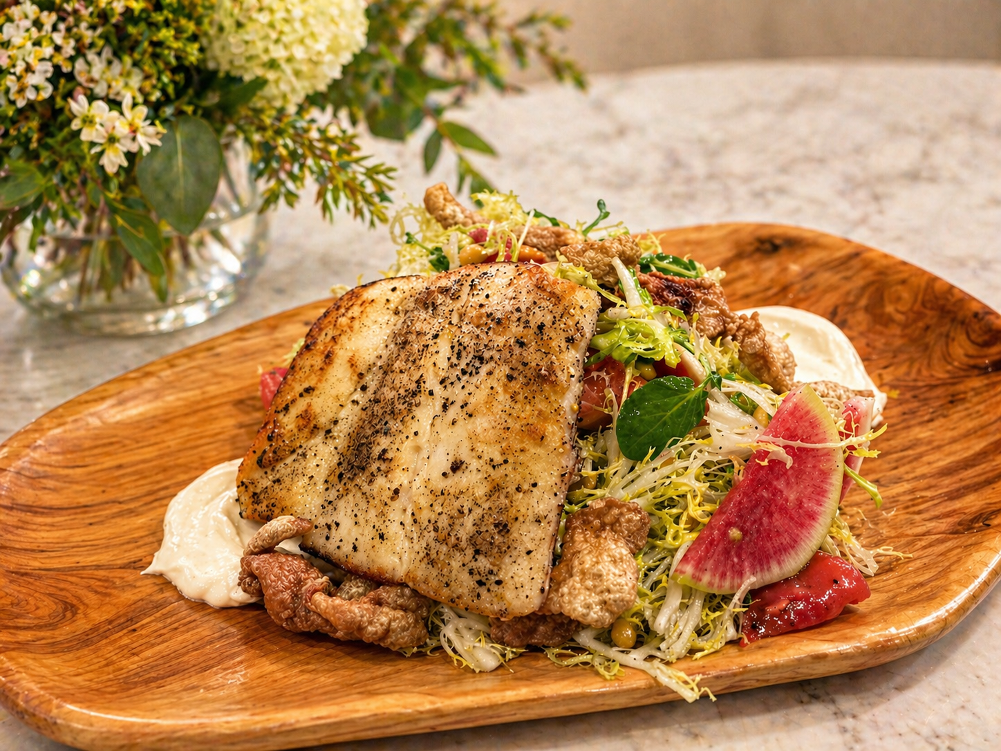 Luna Mesa Catering seared fish with frisée salad and watermelon radish