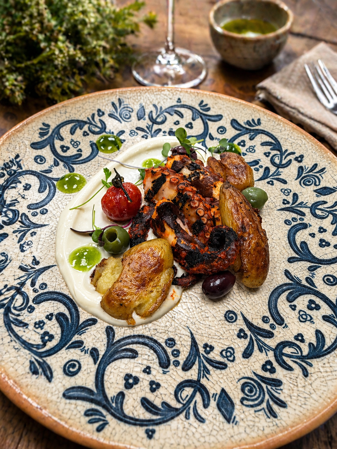 Luna Mesa Catering grilled octopus with roasted potatoes and herb oil