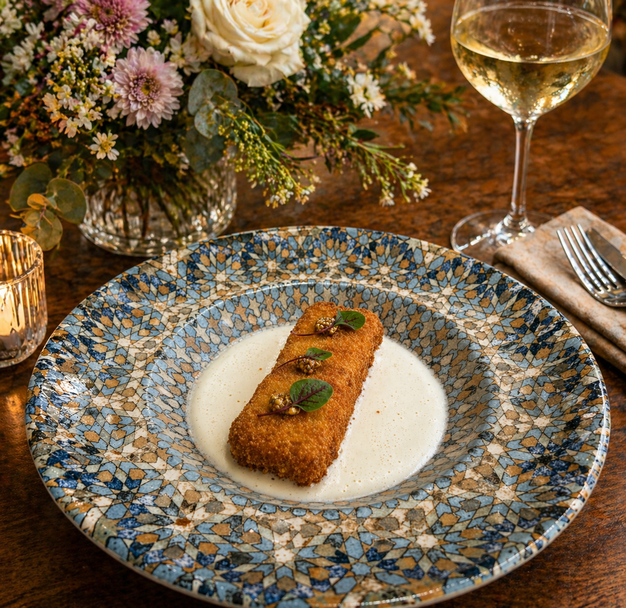 Luna Mesa Catering golden croquette with cream sauce and microgreens