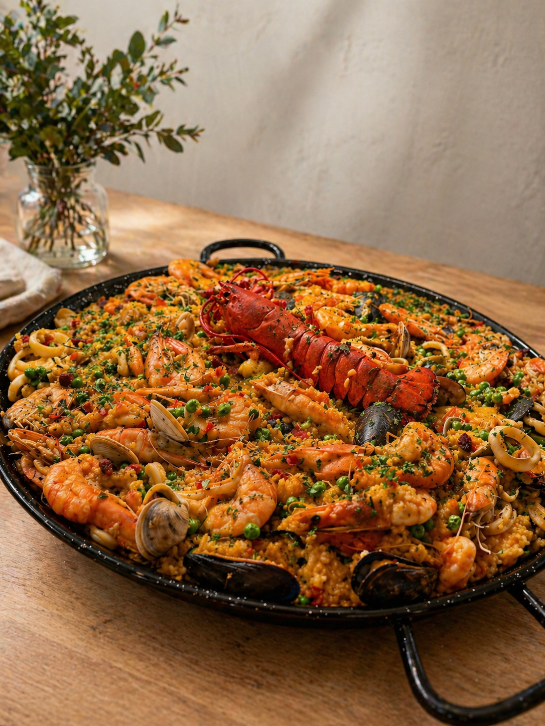 Luna Mesa Catering seafood paella with lobster, shrimp, mussels and clams