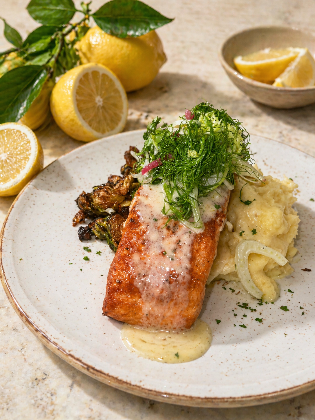 Luna Mesa Catering seared salmon with mashed potatoes and crispy brussels sprouts