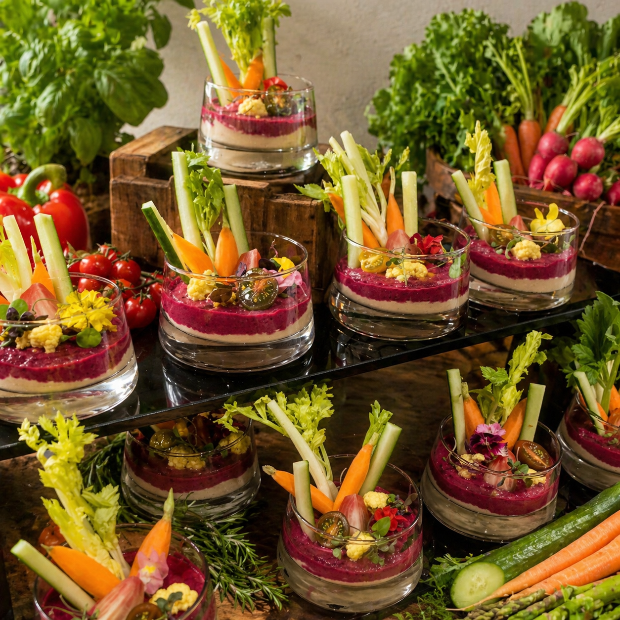 Luna Mesa Catering layered beet dip cups with fresh crudités and edible flowers