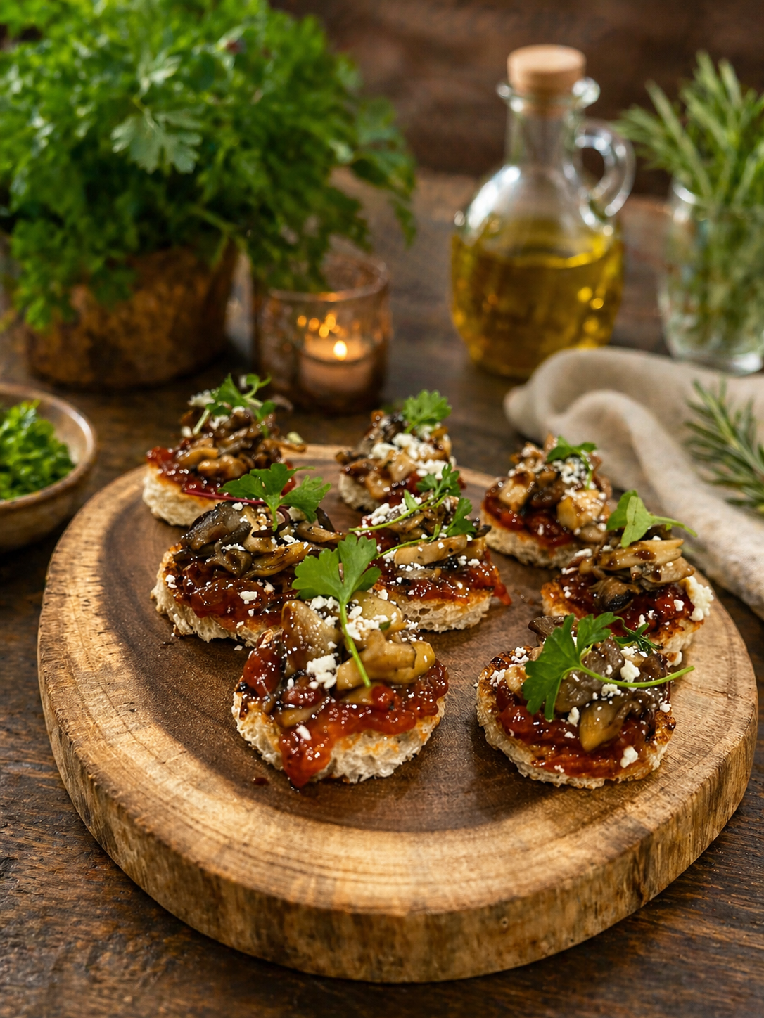 Luna Mesa Catering mushroom and feta bruschetta on rustic wooden board