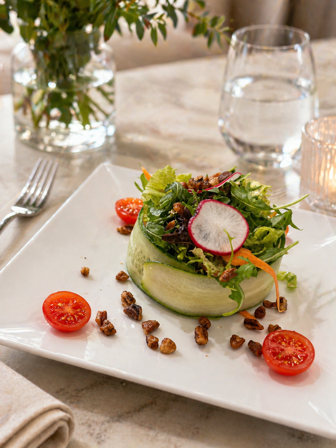 Luna Mesa Catering cucumber-wrapped mixed greens salad with candied walnuts and cherry tomatoes