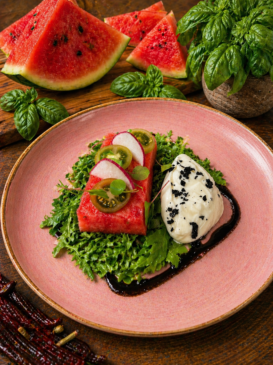 Luna Mesa Catering watermelon tartare with burrata, radish and balsamic on pink plate