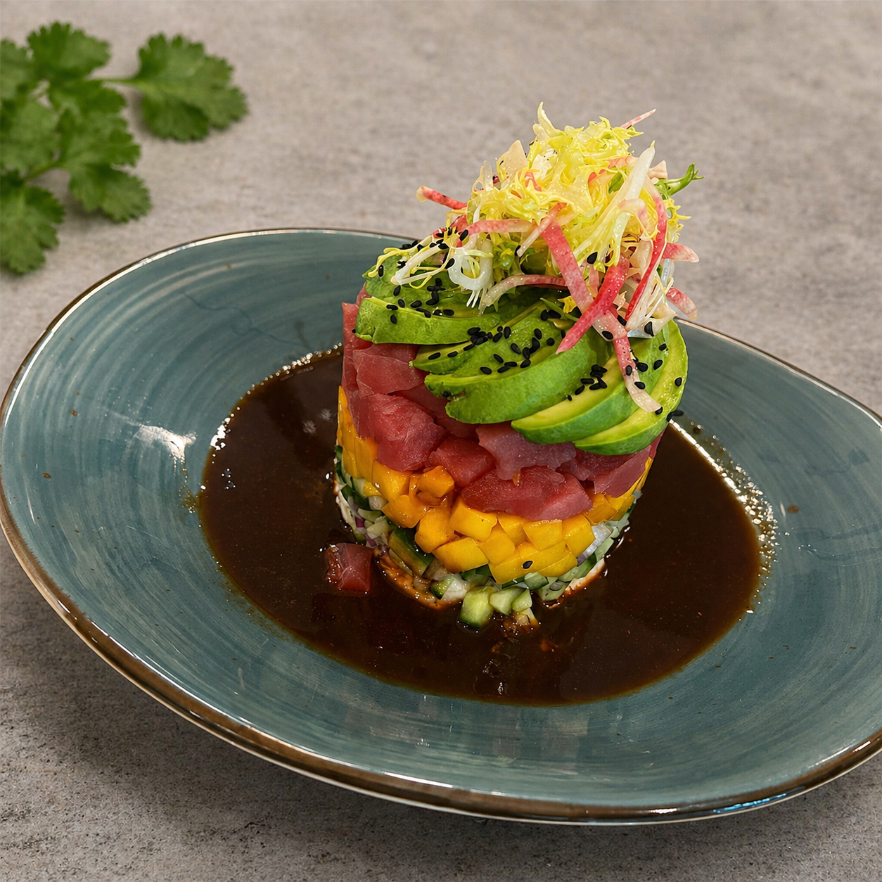 Luna Mesa Catering tuna and mango tartare tower with avocado and ponzu sauce