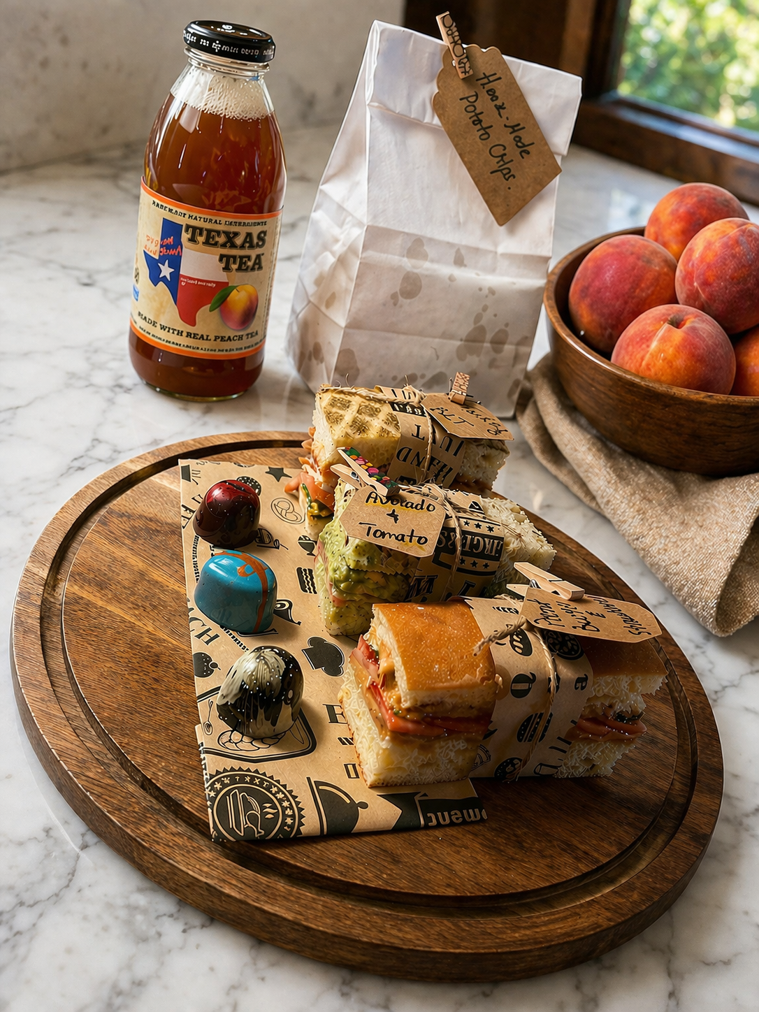 Luna Mesa Catering artisan sandwich board with Texas tea, peaches and handcrafted chocolates