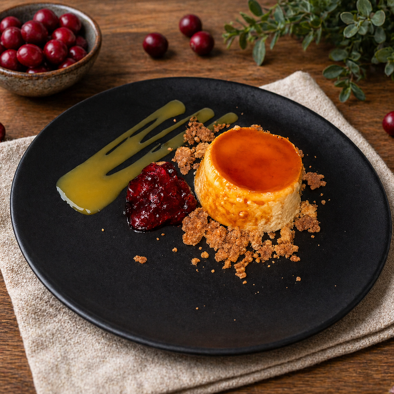 Luna Mesa Catering cranberry flan with caramel glaze, cookie crumble and cranberry compote