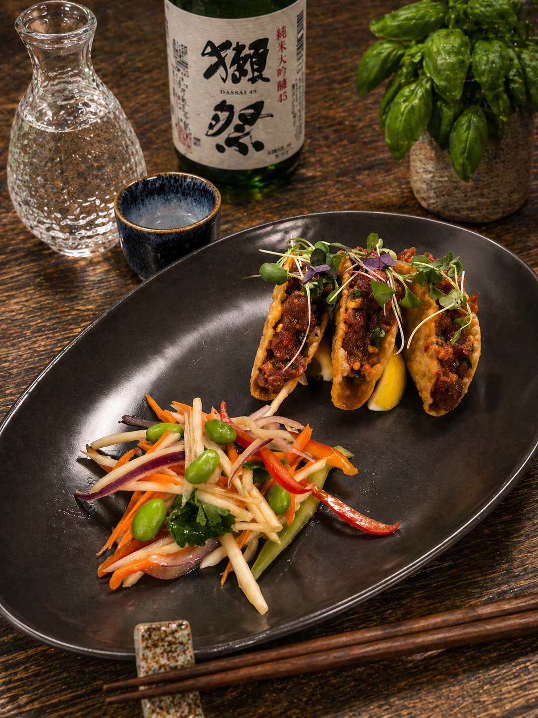 Luna Mesa Catering crispy duck tacos with Asian slaw and sake pairing
