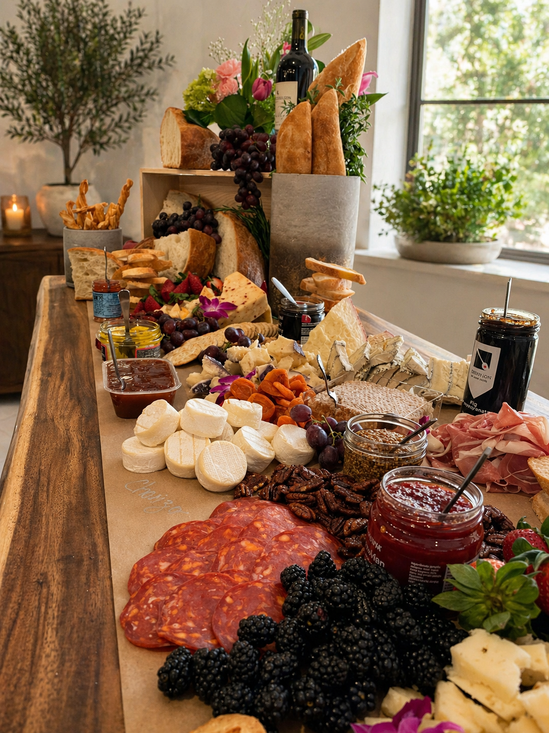 Luna Mesa Catering grand charcuterie grazing table with artisan cheeses, cured meats, fresh fruit and preserves