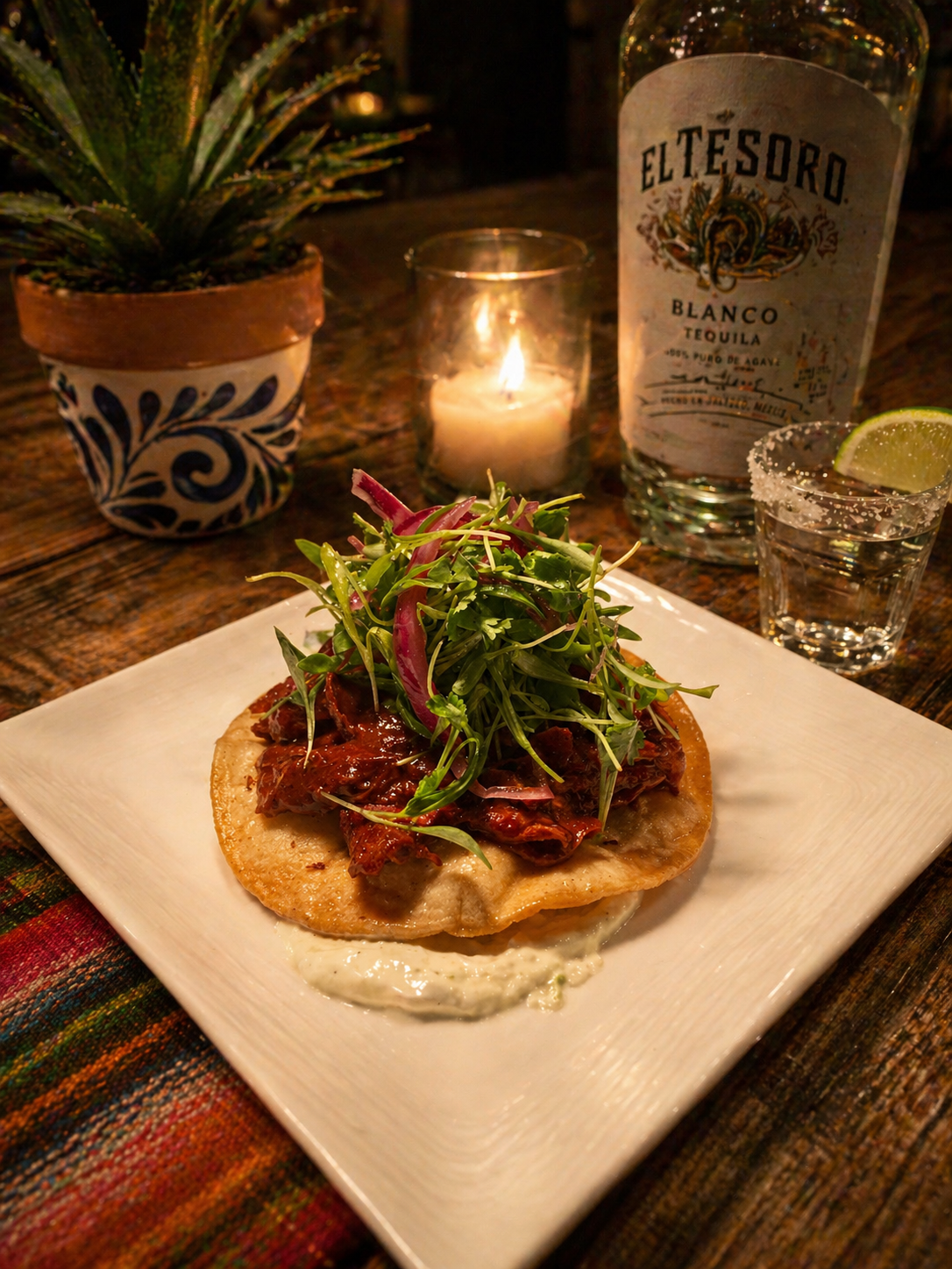 Luna Mesa Catering braised short rib tostada with microgreens and El Tesoro tequila pairing