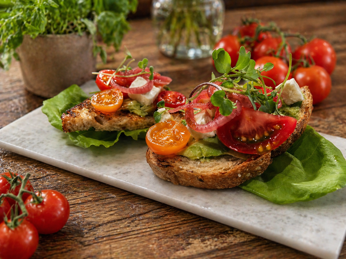 Luna Mesa Catering open-faced heirloom tomato and avocado toast with feta and microgreens