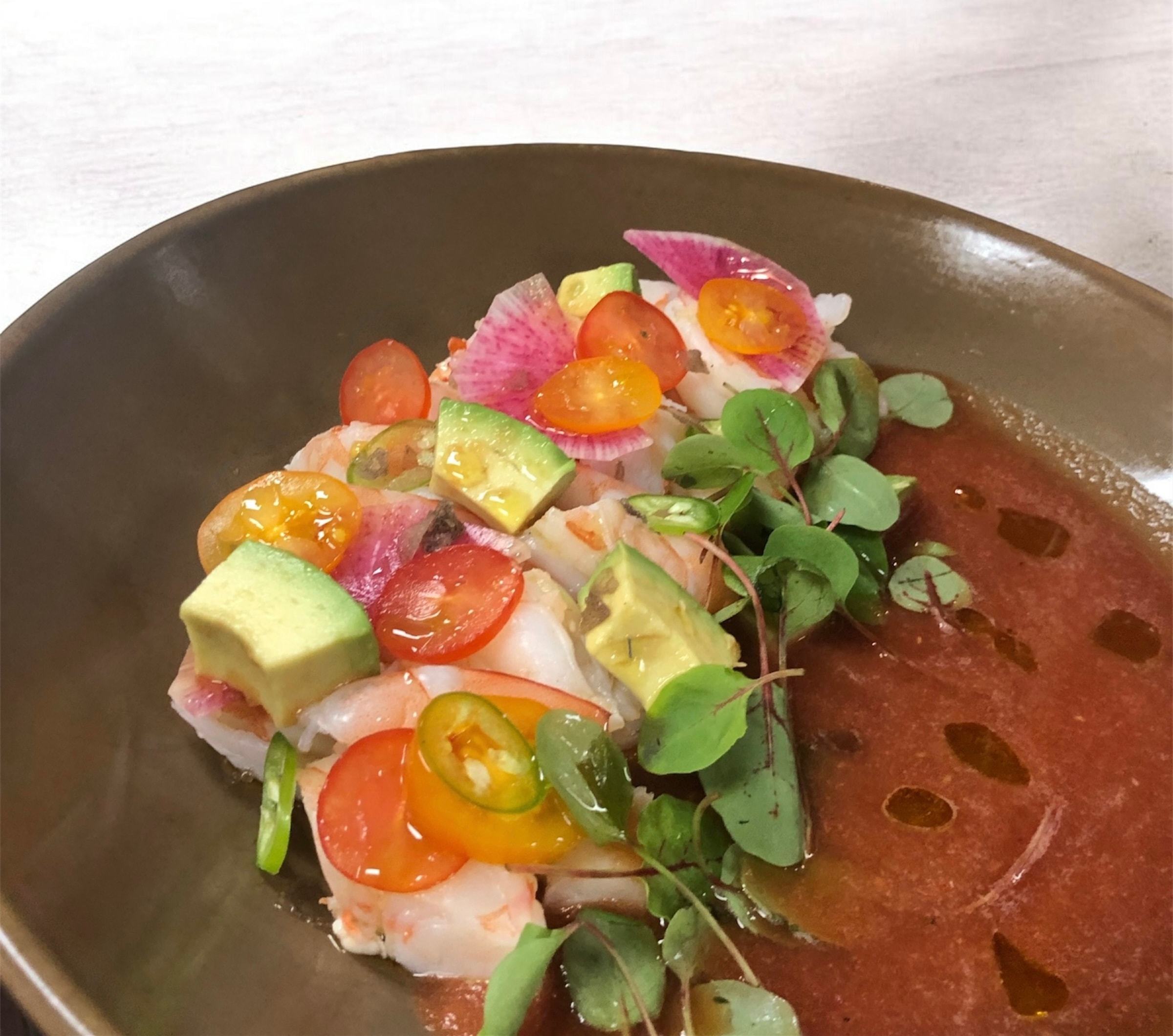 Luna Mesa Catering shrimp ceviche with avocado, heirloom tomatoes, watermelon radish and microgreens