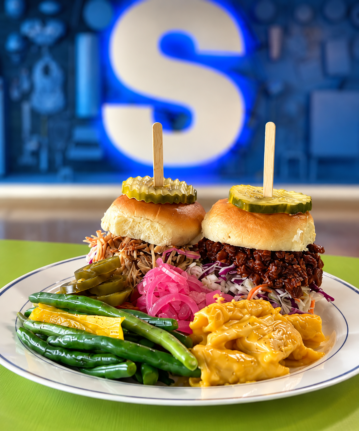 Luna Mesa Catering BBQ sliders with pickles, slaw, pickled red onions, green beans and mac and cheese